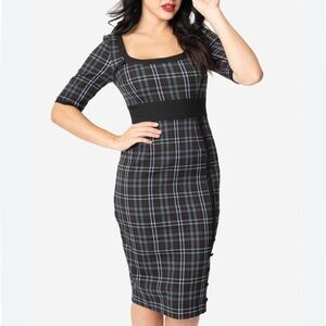 NWT Glamour Bunny 1960s Style Black & Grey Plaid Emily Pencil Dress